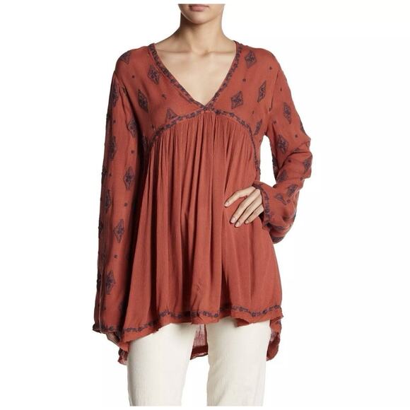 Free People Boho Diamond Embroidered Tunic Dress V-Neck Flowy Bell Sleeve, XS - Picture 1 of 10